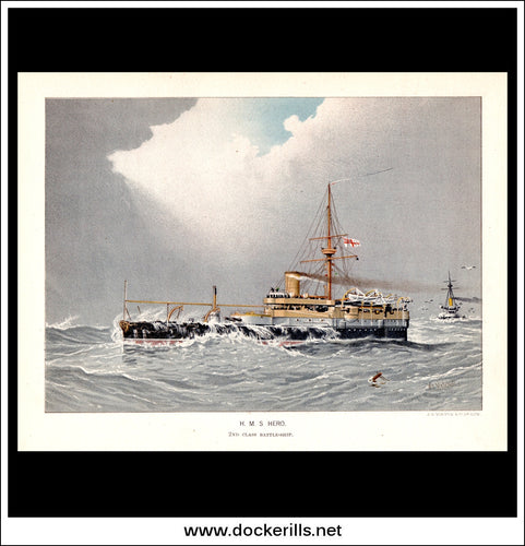 H.M.S. Hero, 2nd Class Battleship, Her Majesty's Navy. Antique Print c. 1890.