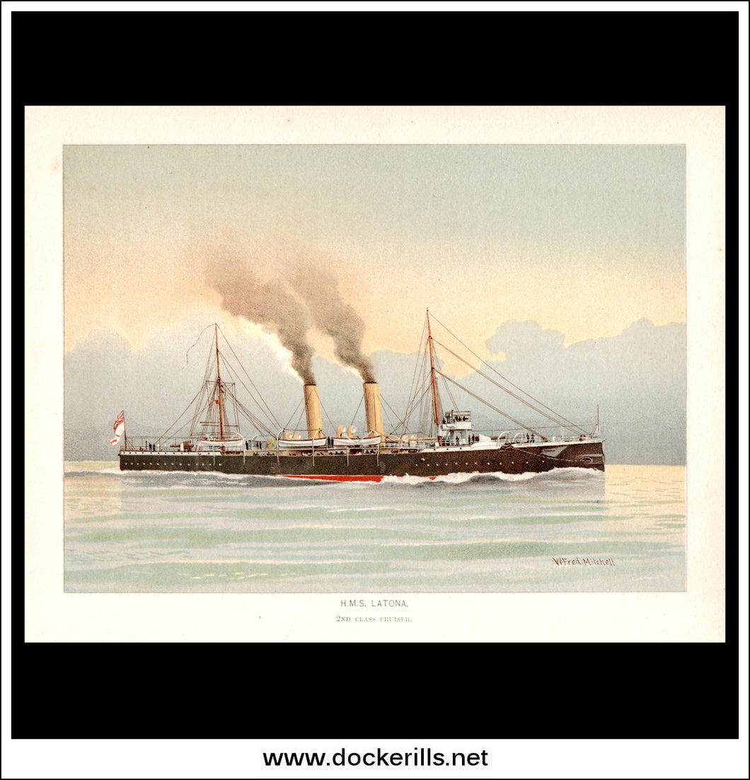 H.M.S. Latona, 2nd Class Cruiser, Her Majesty's Navy. Antique Print c. 1890.