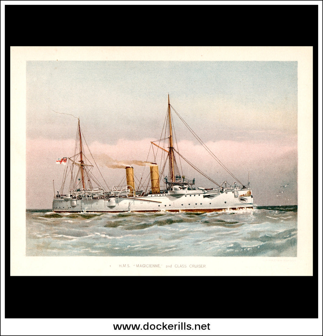 H.M.S. Magicienne, 2nd Class Cruiser, Her Majesty's Navy. Antique Print c. 1890.