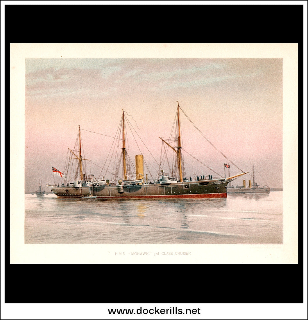 H.M.S. Mohawk, 3rd Class Cruiser, Her Majesty's Navy. Antique Print c. 1890.