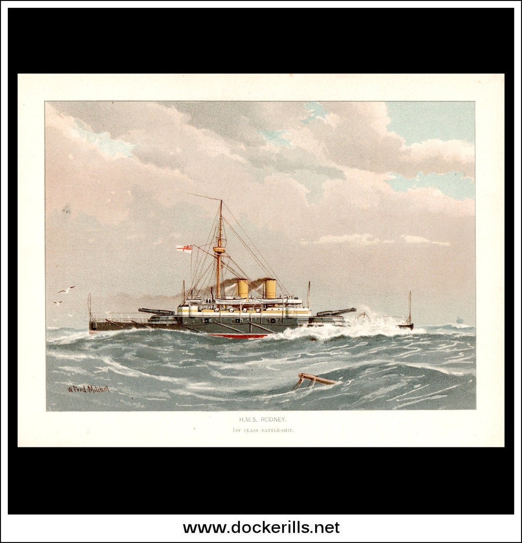 H.M.S. Rodney, 1st Class Battleship, Her Majesty's Navy. Antique Print c. 1890.