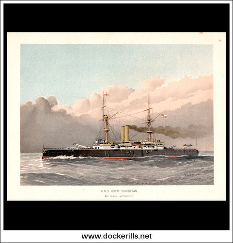 H.M.S. Royal Sovereign, 1st Class Battleship, Her Majesty's Navy. Antique Print c. 1890.