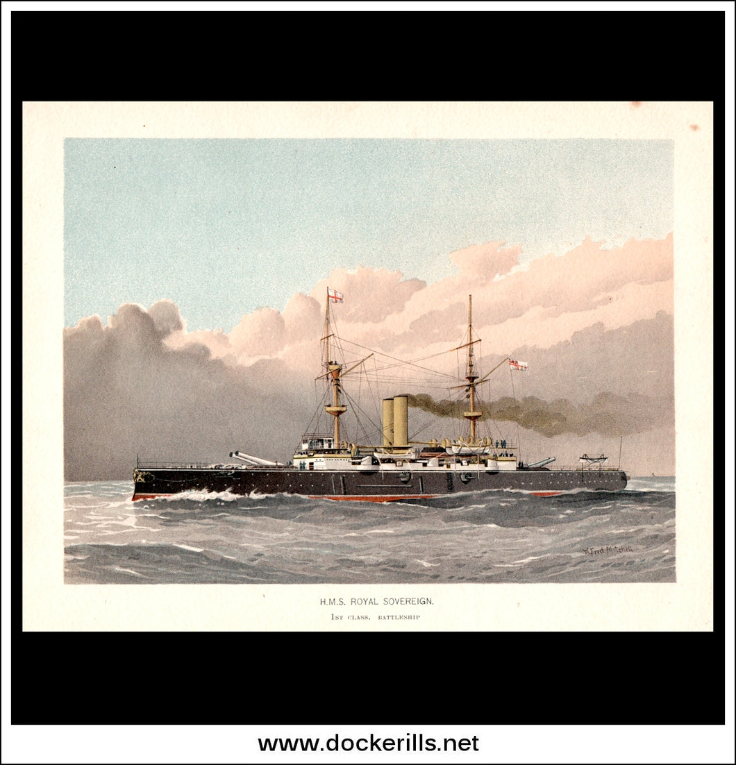 H.M.S. Royal Sovereign, 1st Class Battleship, Her Majesty's Navy. Antique Print c. 1890.