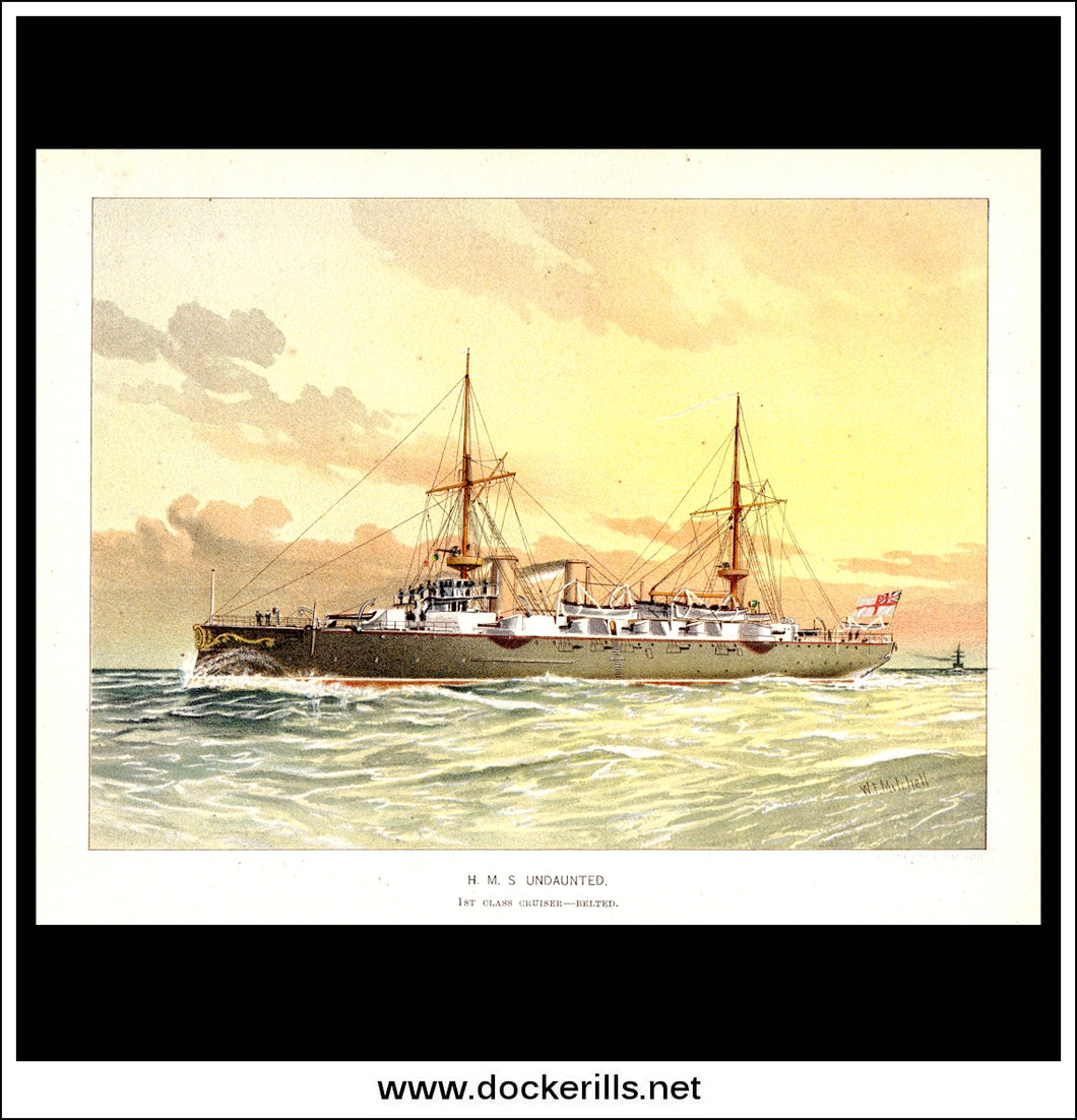 H.M.S. Undaunted, 1st Class Cruiser, Her Majesty's Navy. Antique Print c. 1890.