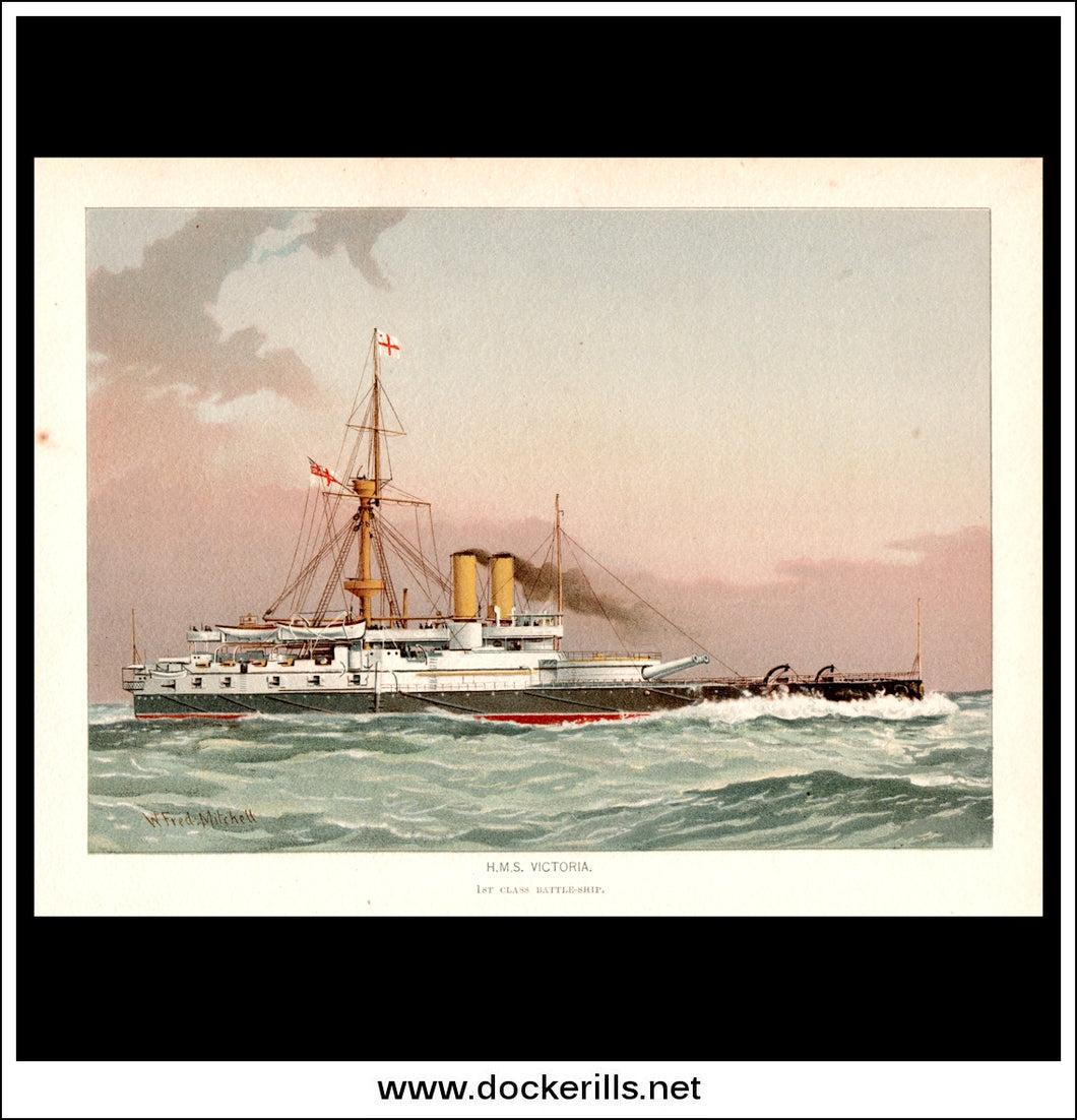 H.M.S. Victoria, 1st Class Battleship, Her Majesty's Navy. Antique Print c. 1890.