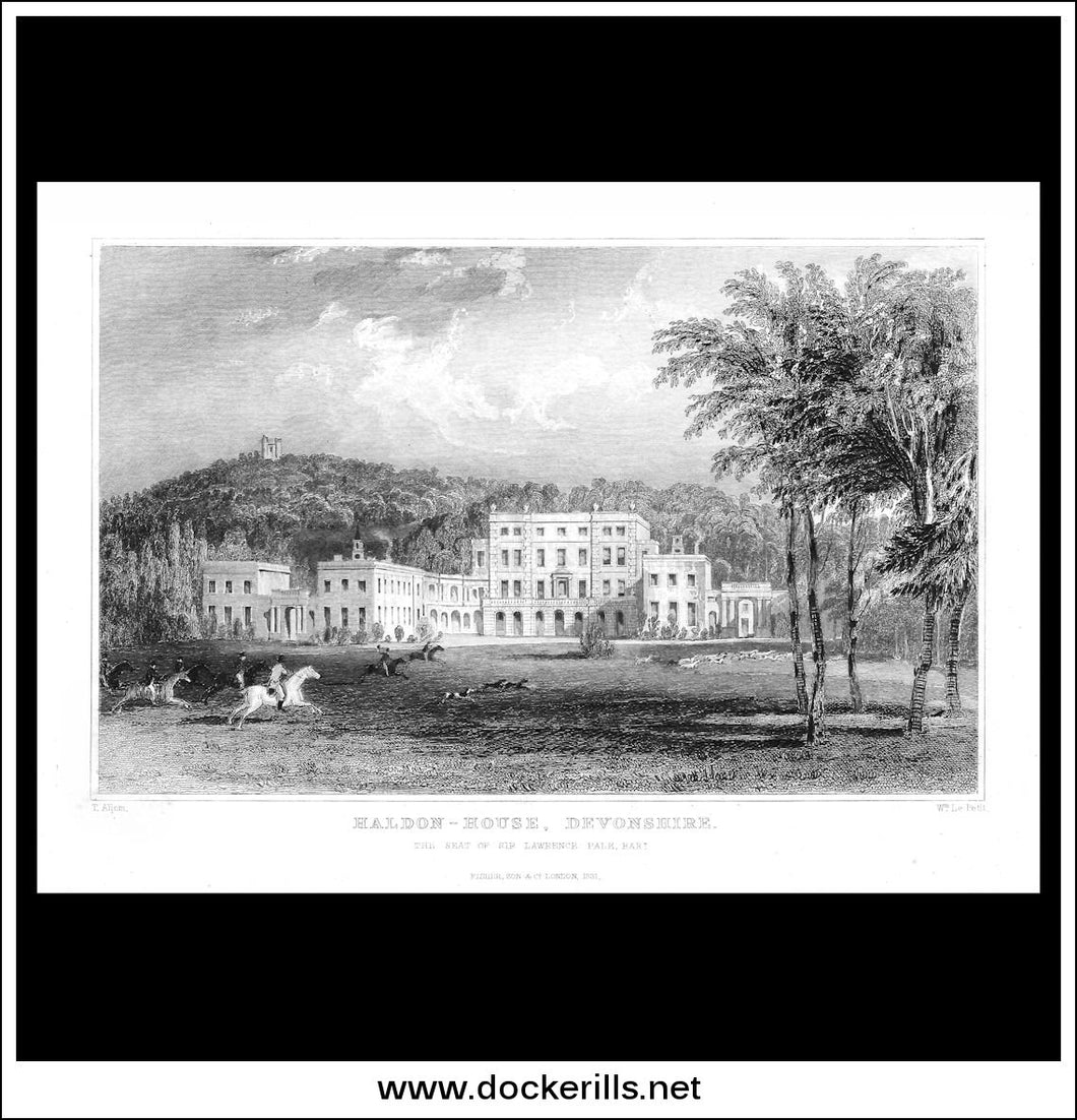 Haldon House, Devonshire, England. Antique Print, Steel Engraving 1831.
