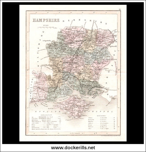 Map Of Hampshire, England. Antique Print, Steel Engraving c. 1846.