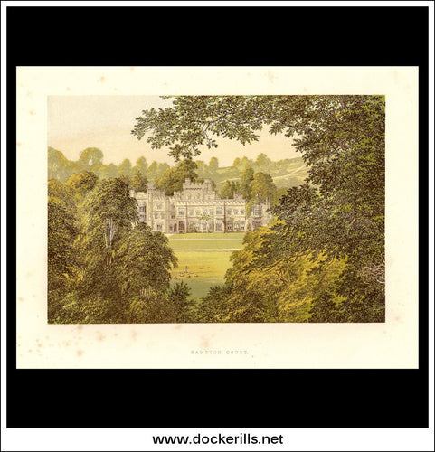Hampton Court, Near Leominster, Herefordshire, England. Antique Print, Chromoxylograph 1880.