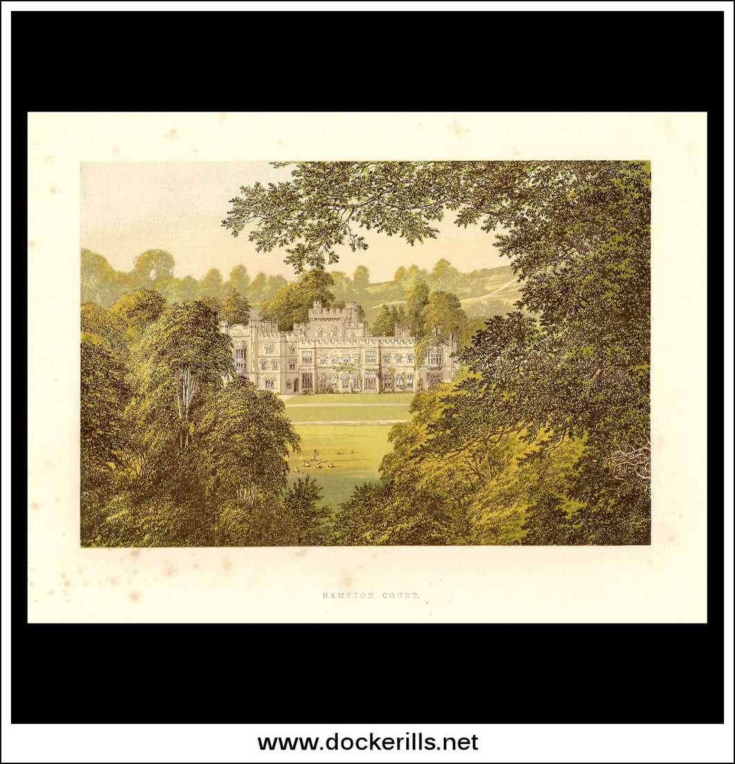 Hampton Court, Near Leominster, Herefordshire, England. Antique Print, Chromoxylograph 1880.