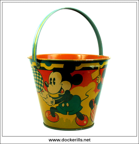 Vintage Mickey Mouse Tin Plate Seaside Sand Pail / Bucket, Happynak Seaside Pail No 12, Paton, Calvert & Co., Ltd., England. [Grey Base] 1.