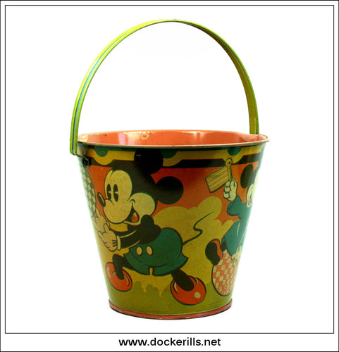 Vintage Mickey Mouse Tin Plate Seaside Sand Pail / Bucket, Happynak Seaside Pail No 12, Paton, Calvert & Co., Ltd., England. [Pink Base] 1.