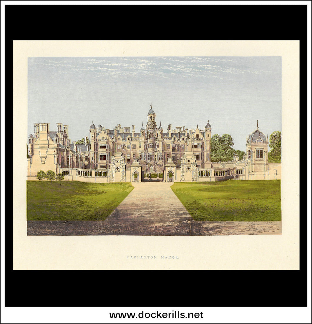 Harlaxton Manor, Near Grantham, Lincolnshire, England. Antique Print, Chromoxylograph 1880.
