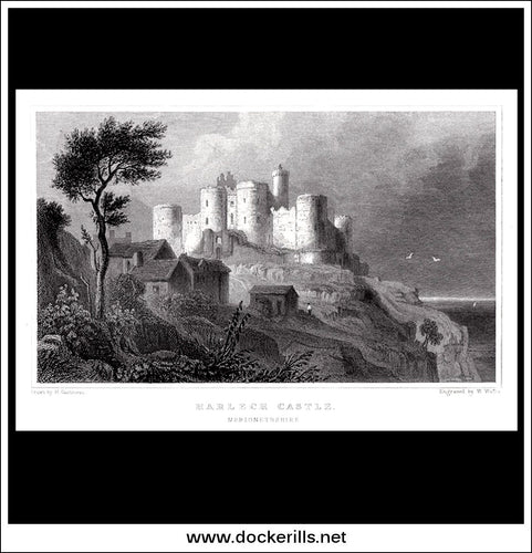 Antique Print Harlech Castle, Merionethshire, Wales. Steel Engraving c. 1830.