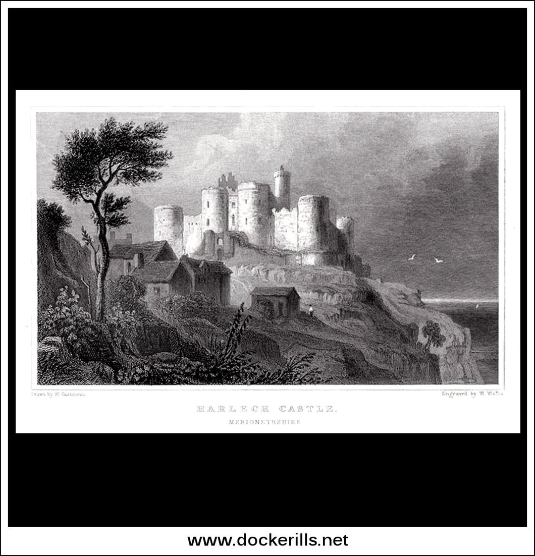 Antique Print Harlech Castle, Merionethshire, Wales. Steel Engraving c. 1830.