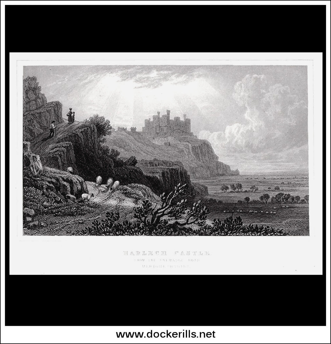 Antique Print Harlech Castle, From The Tremadoc Road, Merionethshire, Wales. Steel Engraving c. 1830.