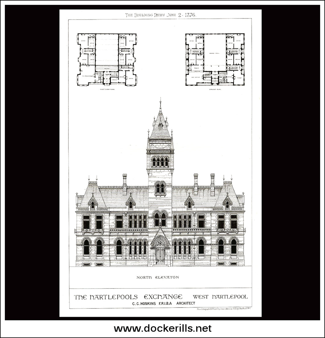 The Hartlepools Exchange, West Hartlepool - The Building News. Antique Print, Lithograph 1876.