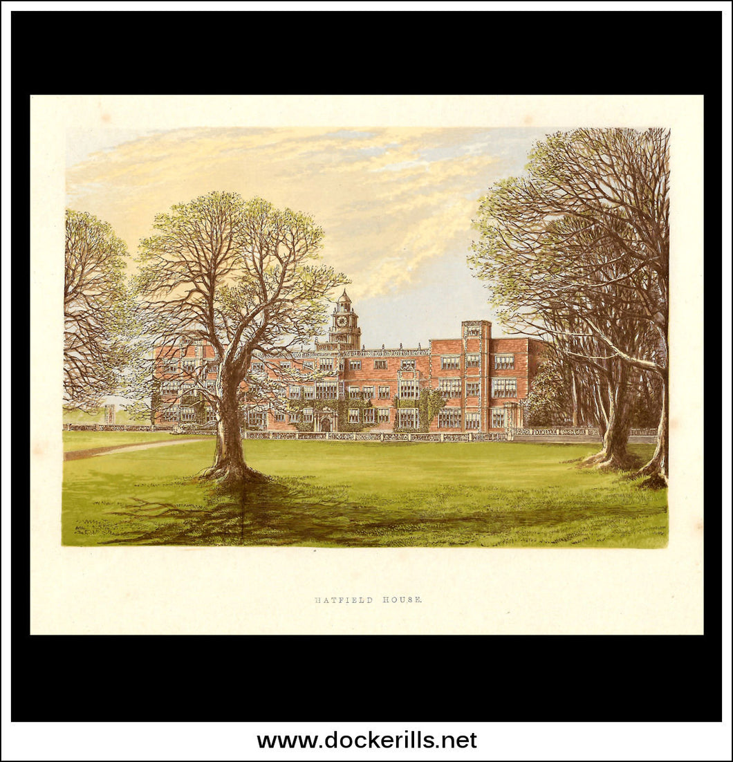 Hatfield House, Hatfield, Hertfordshire, England. Antique Print, Chromoxylograph 1880.