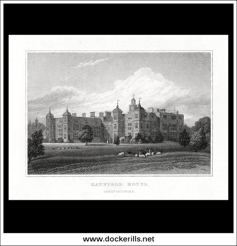 Hatfield House, Hertfordshire, England. Antique Print, Steel Engraving 1847.