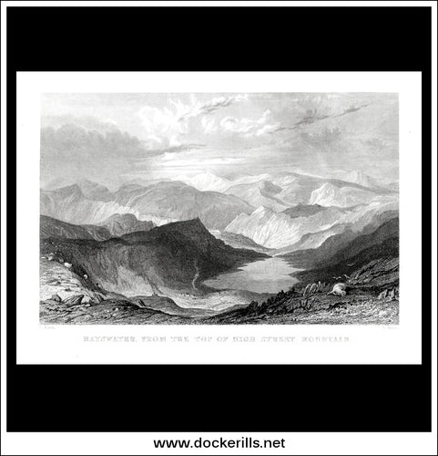 Hayswater, From The Top Of High Street Mountain, Cumberland, England. Antique Print, Steel Engraving c. 1840.