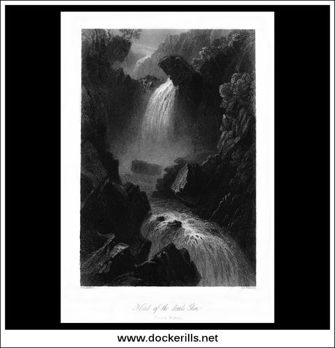Head Of The Devils Glen, Co. Wicklow, Ireland. Antique Print, Steel Engraving c. 1840.