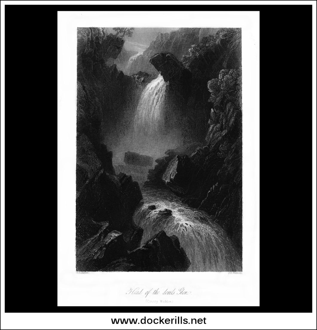 Head Of The Devils Glen, Co. Wicklow, Ireland. Antique Print, Steel Engraving c. 1840.