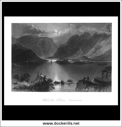 Head Of The Killeries, Co. Galway, Ireland. Antique Print, Steel Engraving c. 1840.