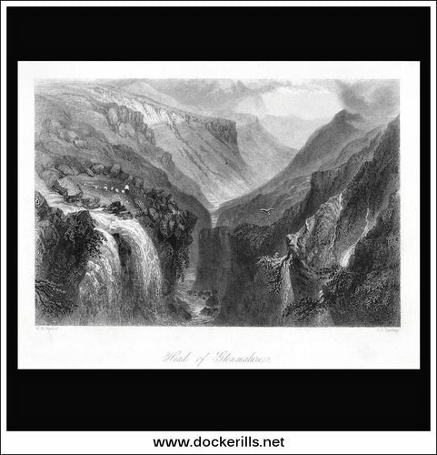 Head Of Glenmalure, Co. Wicklow, Ireland. Antique Print, Steel Engraving 1840.