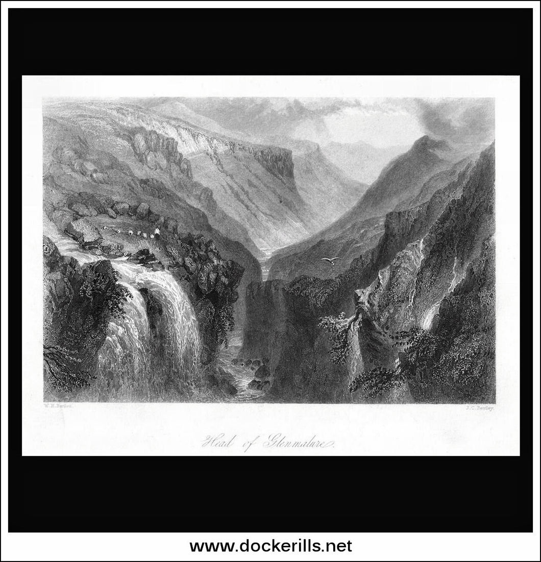 Head Of Glenmalure, Co. Wicklow, Ireland. Antique Print, Steel Engraving 1840.