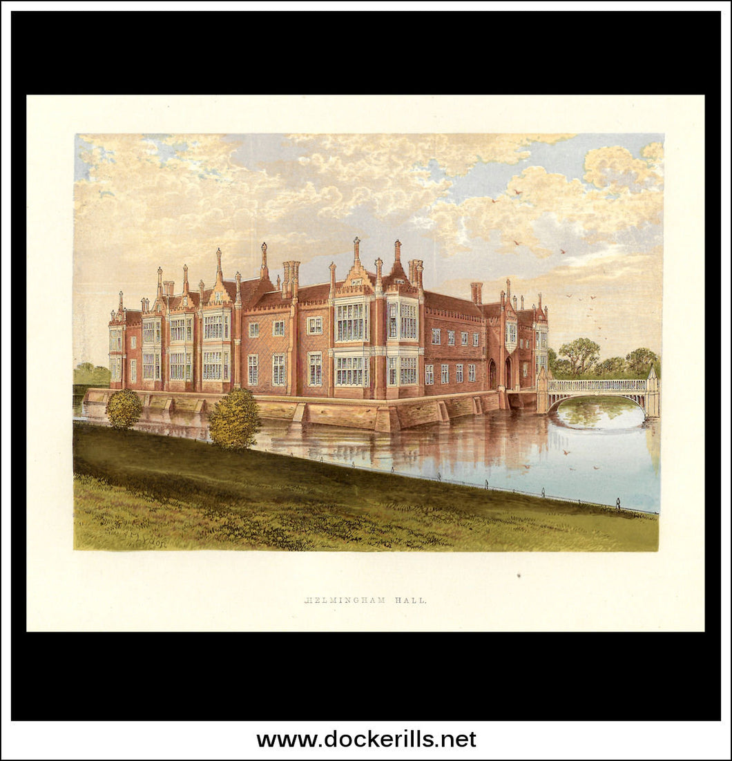 Helmingham Hall, Near Debenham, Suffolk, England. Antique Print, Chromoxylograph 1880.