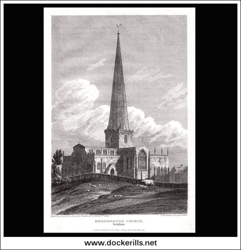 Heminbrough Church, Yorkshire, England. Antique Print, Copper Plate Engraving 1813.