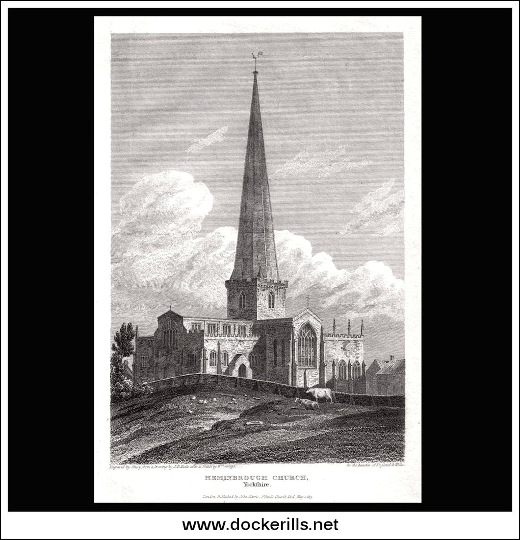 Heminbrough Church, Yorkshire, England. Antique Print, Copper Plate Engraving 1813.