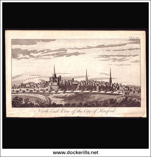 North East View Of The City Of Hereford, Herefordshire, England. Antique Print, Copper Plate Engraving c. 1764.