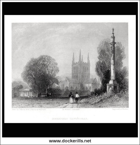 Hereford Cathedral, Herefordshire, England. Antique Print, Steel Engraving 1830.