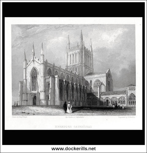Hereford Cathedral, South West View With Cloisters, Herefordshire, England. Antique Print, Steel Engraving 1830.