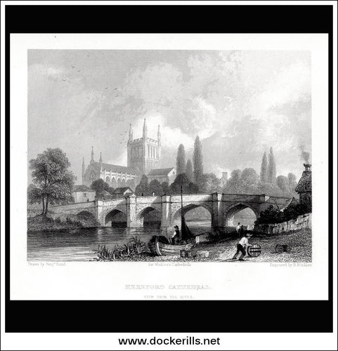 Hereford Cathedral, View From The River, Herefordshire, England. Antique Print, Steel Engraving 1830.