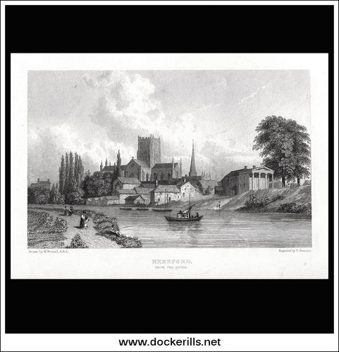 Hereford From The River, Herefordshire, England. Antique Print, Steel Engraving 1830.