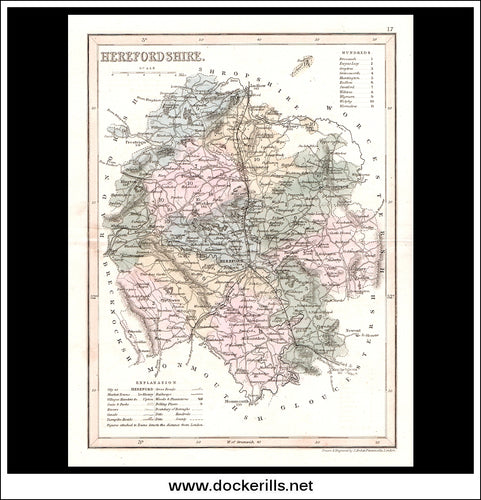 Map Of Herefordshire, England. Antique Print, Steel Engraving c. 1846.