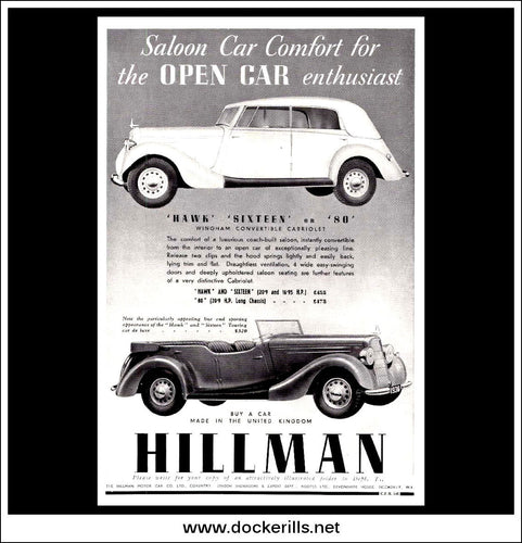 Hillman Hawk & Sixteen Wingham Convertibles. Original Vintage Advert From May 20th 1936