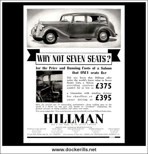 Hillman Seven Seater Limousine. Original Vintage Advert From April 7th, 1937.