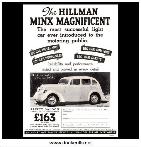 Hillman Minx Safety Saloon. Original Vintage Advert From November 25th 1936.