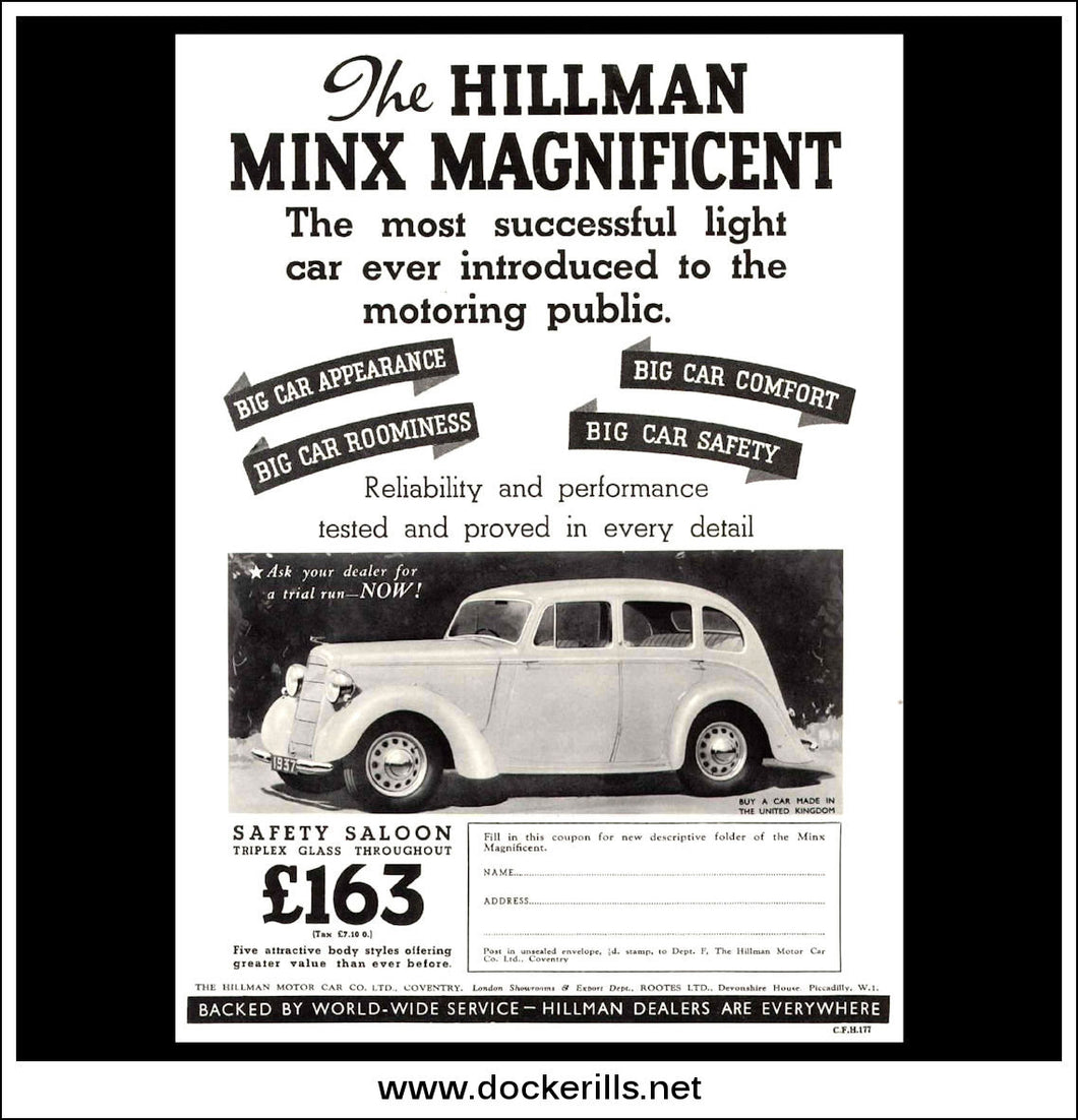 Hillman Minx Safety Saloon. Original Vintage Advert From November 25th 1936.