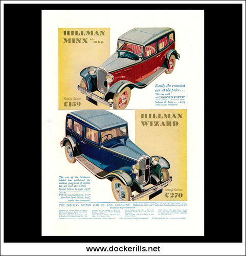 Hillman Minx And Wizard Saloon. Original Vintage Advert From April 30th, 1932.