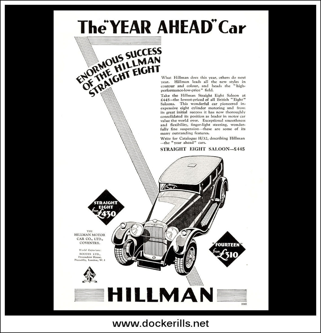 Hillman Straight Eight Saloon. Original Vintage Advert From November 13th 1929