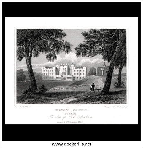 Hilton Castle, County Durham, England. Antique Print, Steel Engraving 1829.