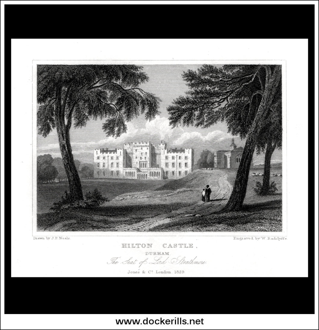 Hilton Castle, County Durham, England. Antique Print, Steel Engraving 1829.