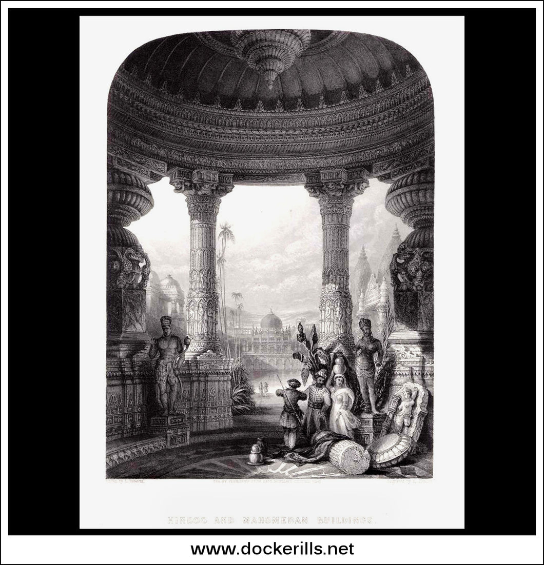 Hindoo & Mahomedan Buildings, India. Antique Print, Steel Engraving 1834.