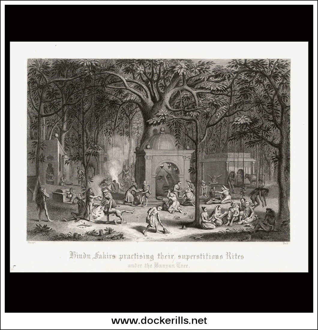 Hindu Fakirs Practising Their Superstitious Rites. Antique Print, Steel Engraving 1858.