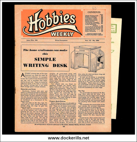 Hobbies Weekly Magazine, Vol. 112, No. 2904, June 27th, 1951. Plan For A Lord's Prayer Tablet Or Church Notice Board - Cover.