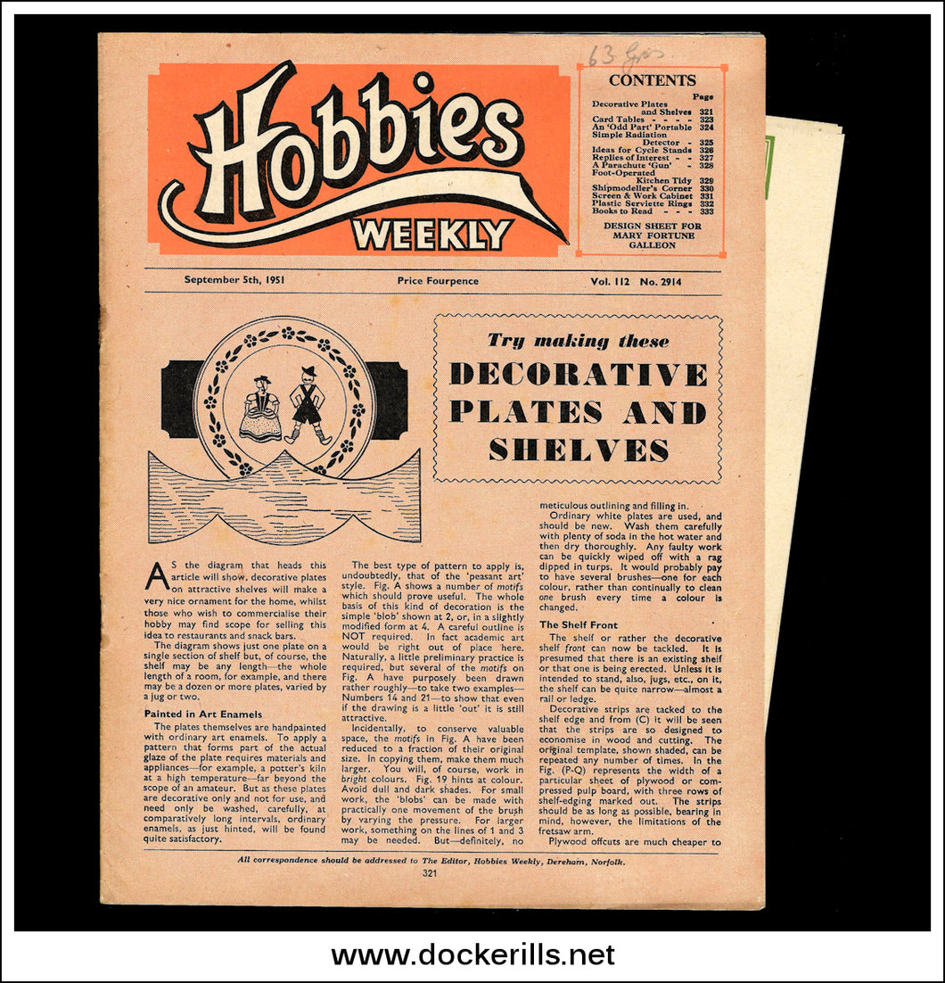 Hobbies Weekly Magazine, Vol. 112, No. 2914, September 5th, 1951. Plan For A Miniature Galleon Model, The 'Mary Fortune' - Cover.