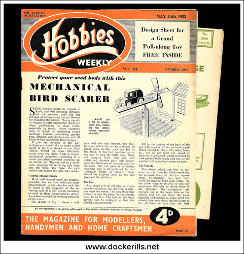 Hobbies Weekly Magazine, Vol. 114, No. 2950, May 14th, 1952. Plan For A Pull Along Tug And Barge Toy - Cover.